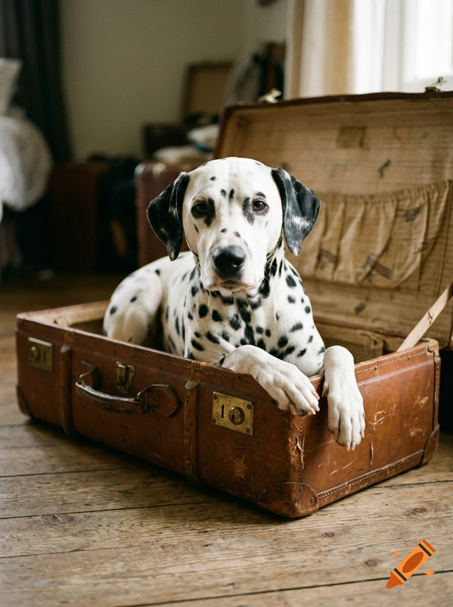 A Dalmatian dog sitting inside an open vintage leather suitcase on a wooden floor.