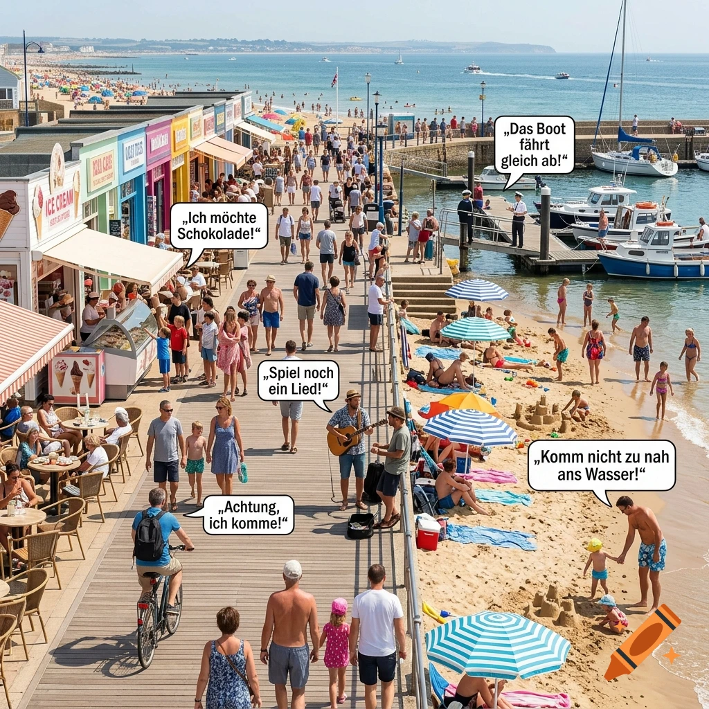 Photorealistic busy seaside boardwalk with shops, people walking, a cyclist, and speech bubbles with German text.