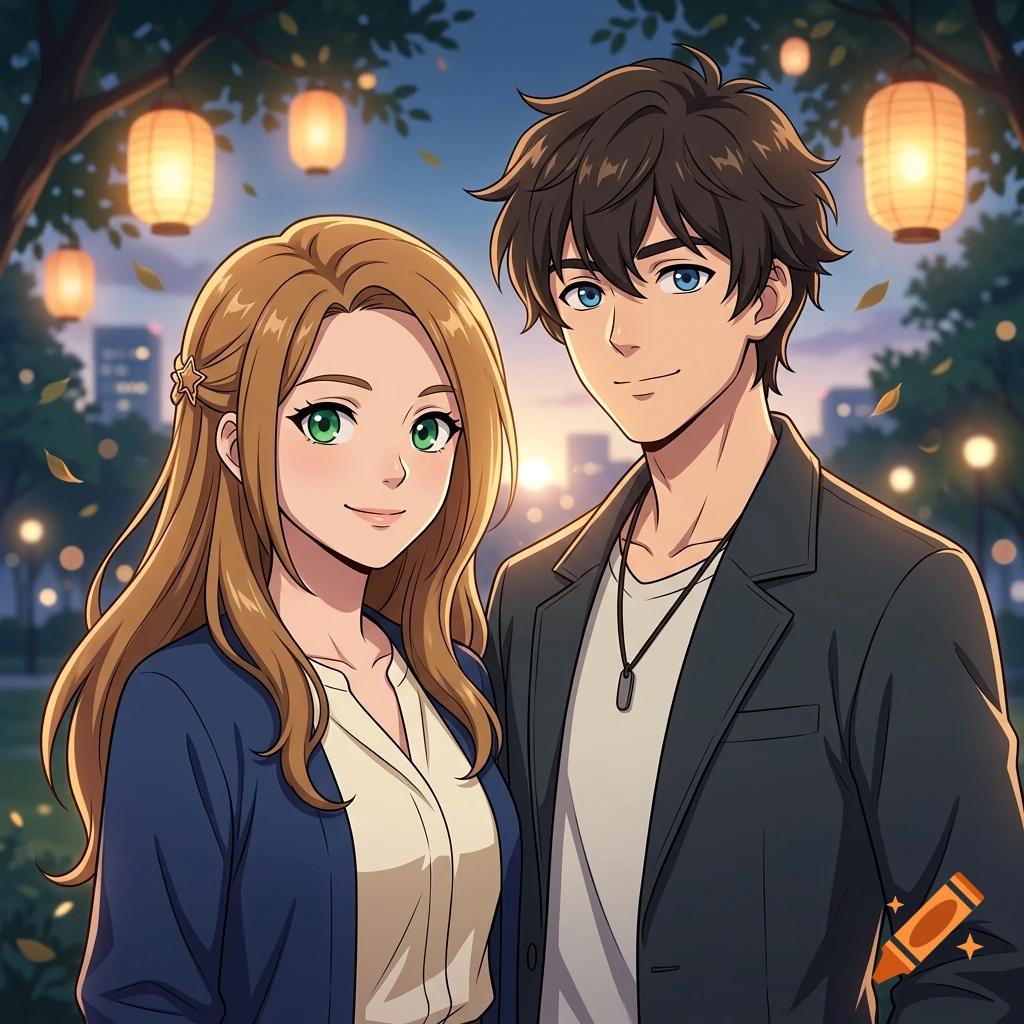 Anime style illustration of a young man and woman smiling together in an evening park with glowing lanterns in the background.