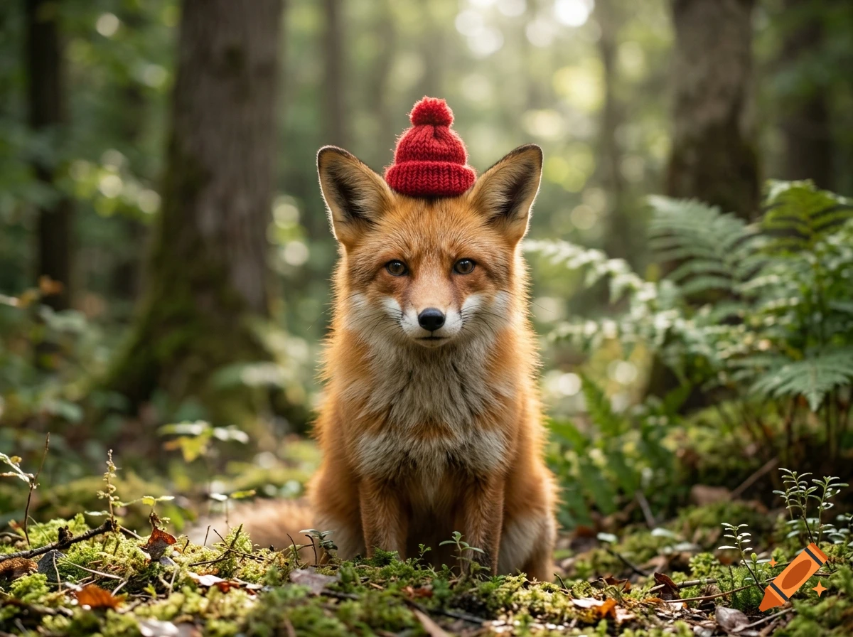 Photorealistic image of a cute red fox sitting in a forest, wearing a tiny red knitted beanie on its head.
