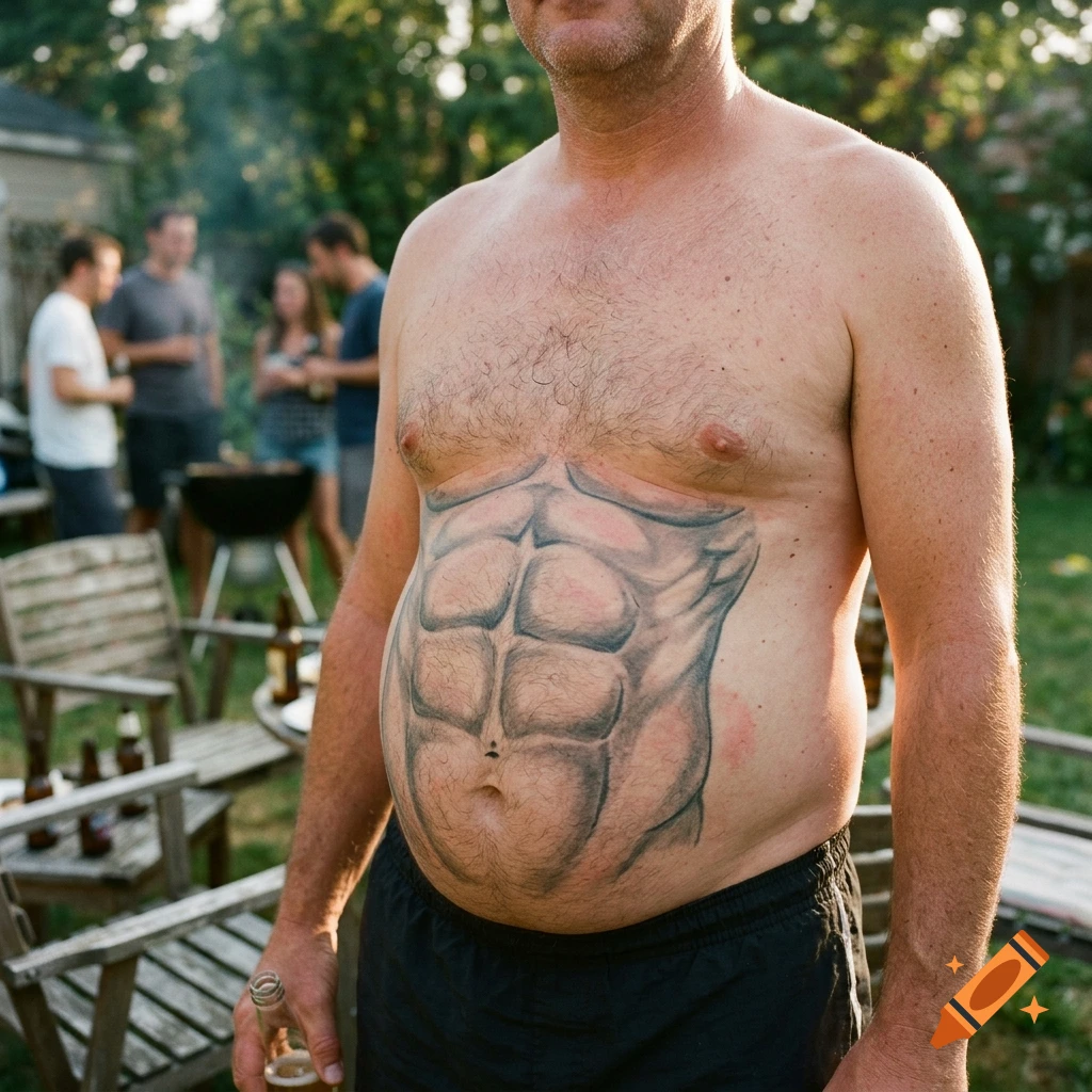 Photorealistic image of a shirtless man with a six-pack abs tattoo on his belly, standing at an outdoor backyard gathering.