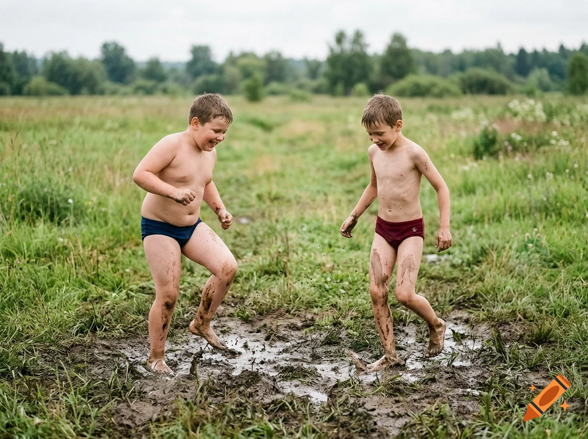Two young boys in swim trunks playing in a muddy meadow, photorealistic style