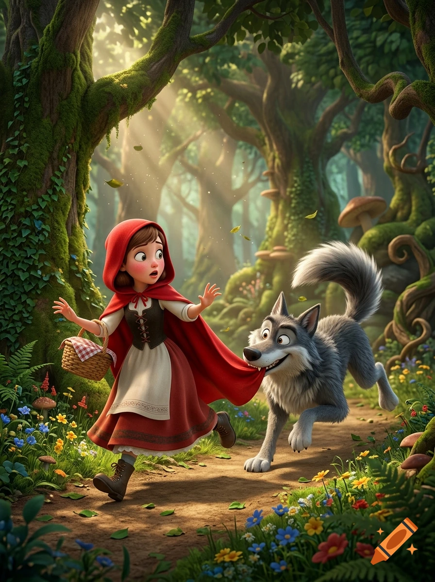 Digital 3D animation style image of Little Red Riding Hood running in a forest while a wolf tugs on her red cloak's hem.
