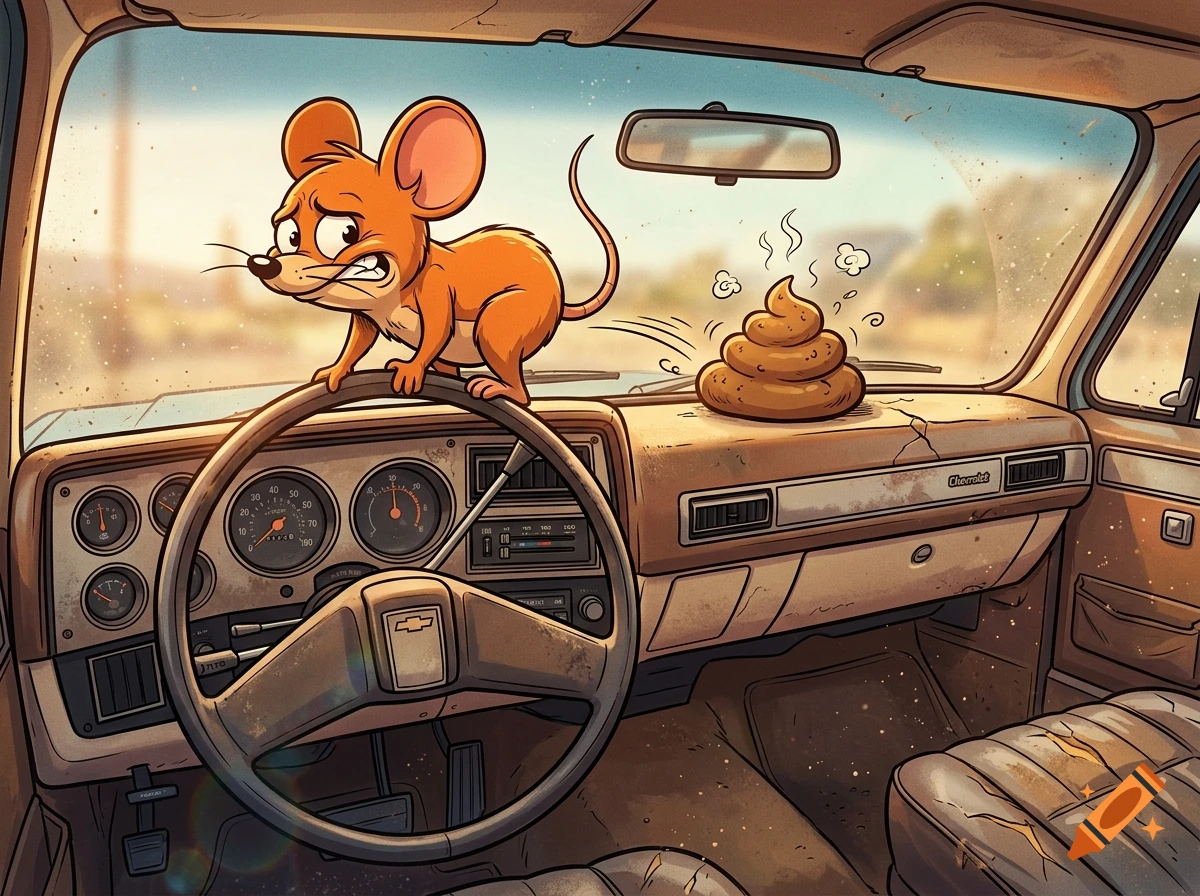 Cartoon mouse sitting on the steering wheel of a dusty truck interior with a pile of feces on the dashboard.
