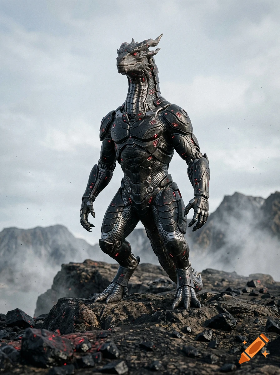 Photorealistic cybernetic dragon in red and black armor standing on a rocky mountain peak.