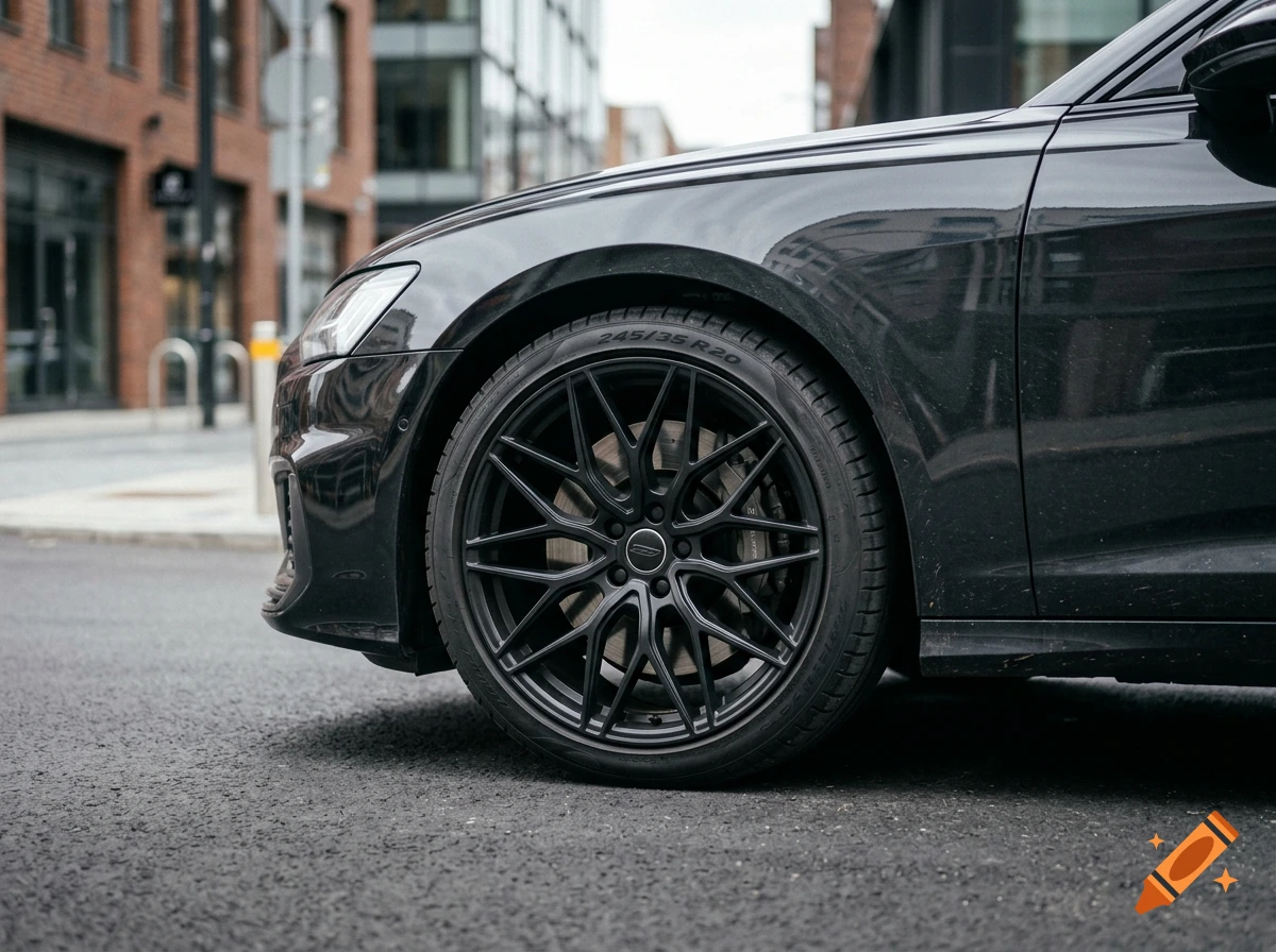 Close-up photorealistic shot of a black car wheel with matte black multi-spoke rims and low-profile tires parked on an asphalt street.