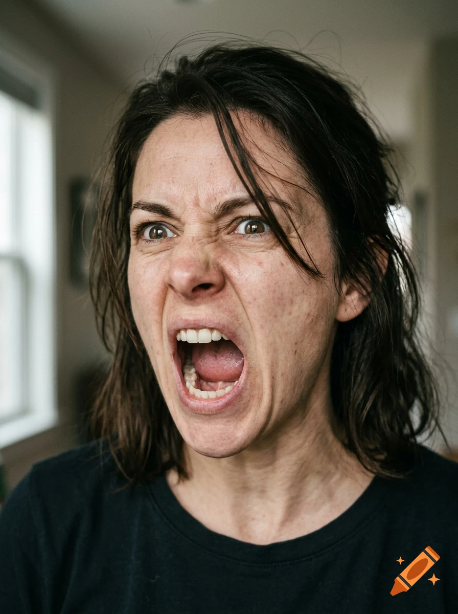 Close-up photorealistic portrait of a woman with dark hair screaming with an aggressive expression.