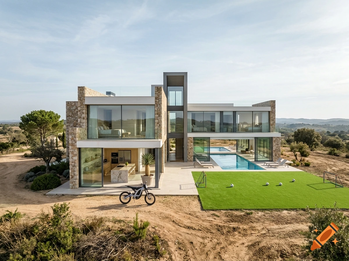 A modern multi-story luxury house with stone and glass facade, featuring a swimming pool, lawn area, and a motorcycle parked in front.