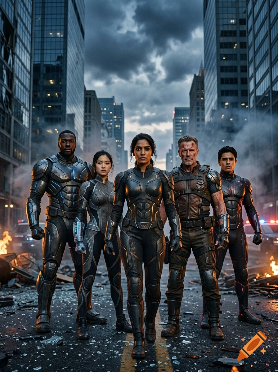 Five futuristic heroes in tactical suits standing on a debris-filled city street with skyscrapers in the background.