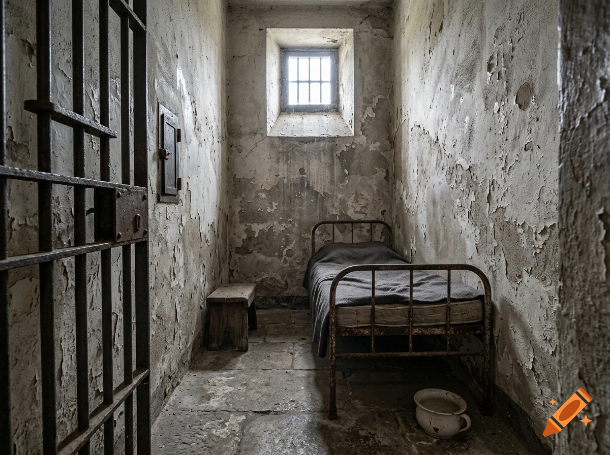 Photorealistic interior of a cramped, historical prison cell with a small barred window, iron cot, and concrete walls.