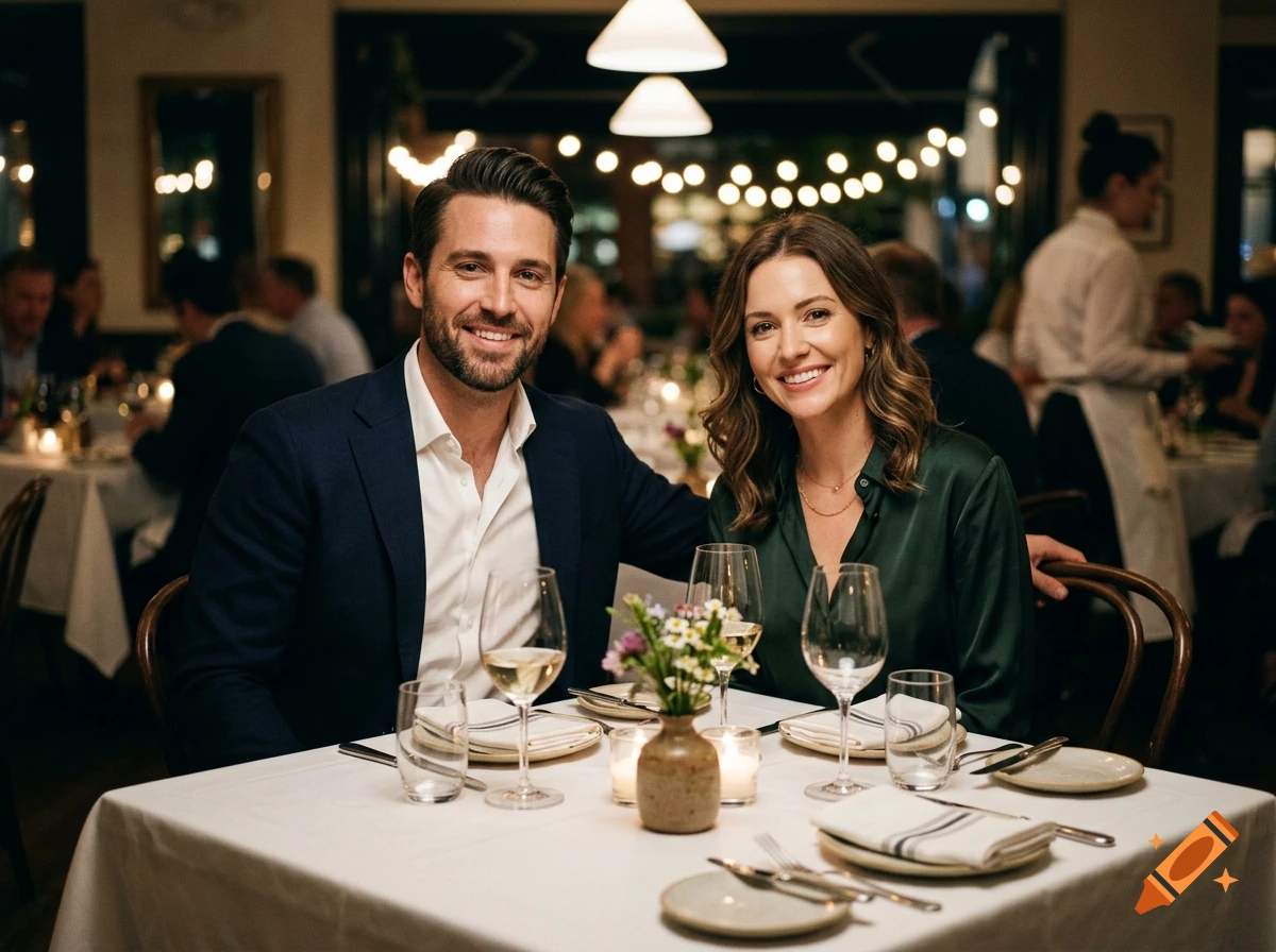 Photorealistic image of a smiling couple sitting at a restaurant table with white tablecloth, wine glasses, and a small vase of flowers.
