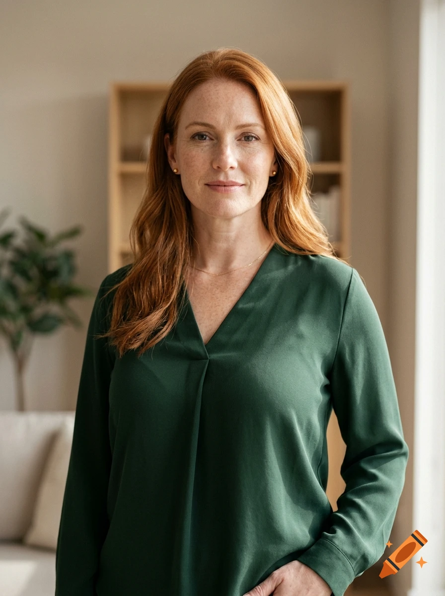Photorealistic medium shot of a woman with red hair and freckles wearing a dark green top, standing indoors with a bookshelf background.