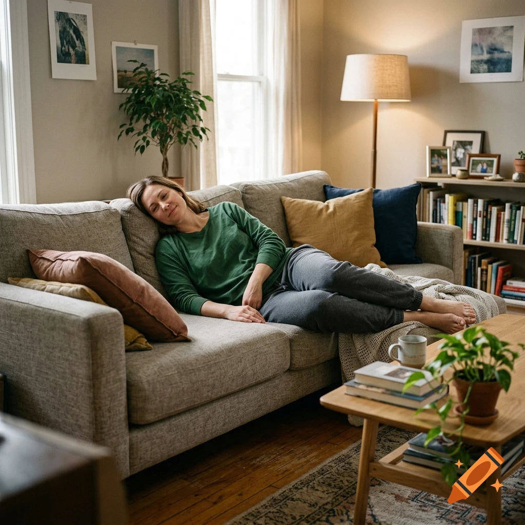 A woman relaxing and lying on a grey couch in a bright living room, photorealistic.