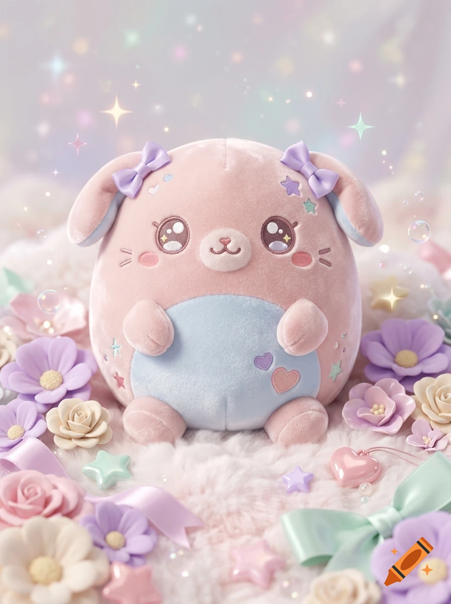 A cute pink and blue plushie toy with bows on its ears surrounded by pastel flowers, stars, and sparkles.