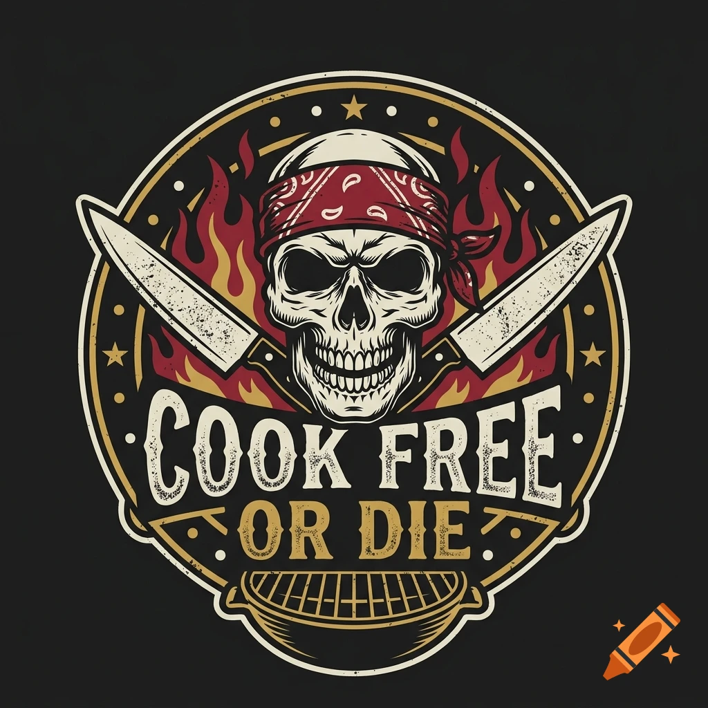 Round vintage logo featuring a skull with a red bandana, crossed knives, flames, and text that reads Cook Free or Die.