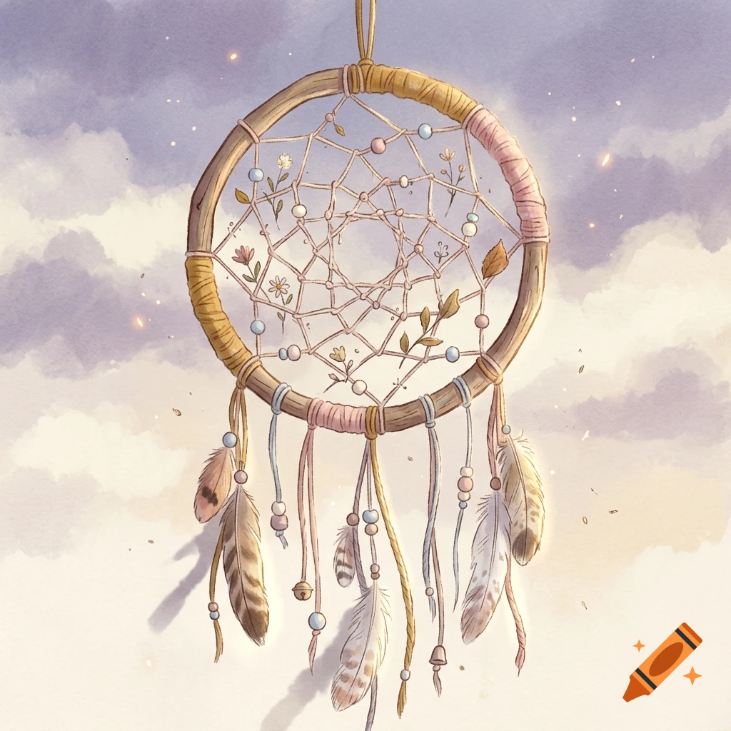 Watercolor illustration of a dreamcatcher with feathers and beads hanging against a cloudy sky.