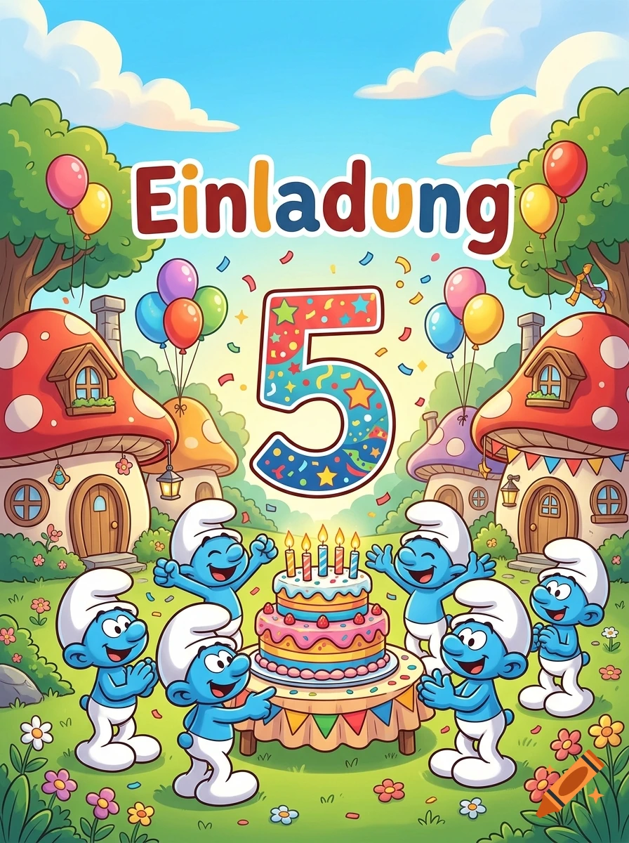 Cartoon illustration of Smurfs celebrating a 5th birthday with a cake, balloons, and mushrooms in the background, with the word 'Einladung' and number '5'.