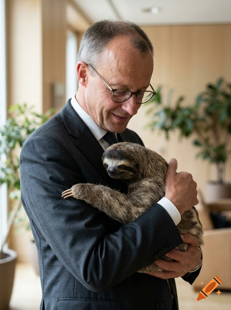 Photorealistic portrait of a man in a suit holding a sloth lovingly in his arms.