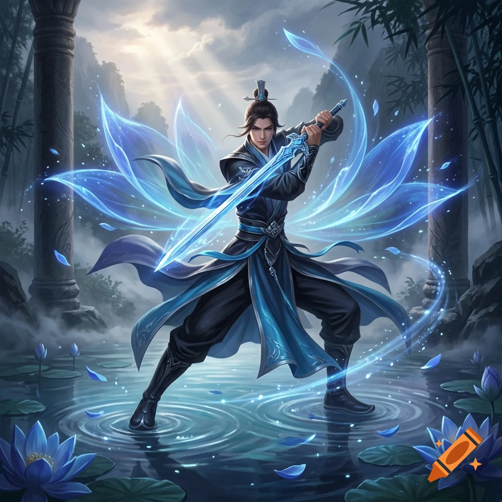 Digital art of a male warrior in blue robes wielding a glowing sword surrounded by glowing blue lotus flowers and energy trails.
