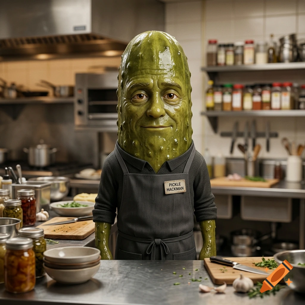 Photorealistic image of a humanoid pickle wearing a chef's apron with a name tag reading 'Pickle Hackman' inside a restaurant kitchen.