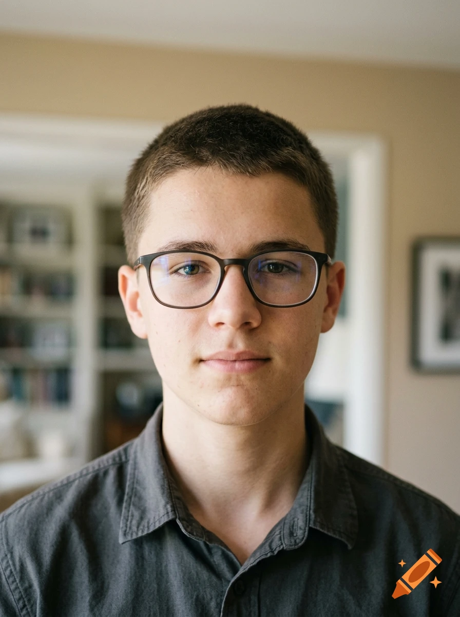 Close-up portrait of a young person with short brown hair, wearing glasses and a dark buttoned-down shirt, looking directly at the camera indoors.