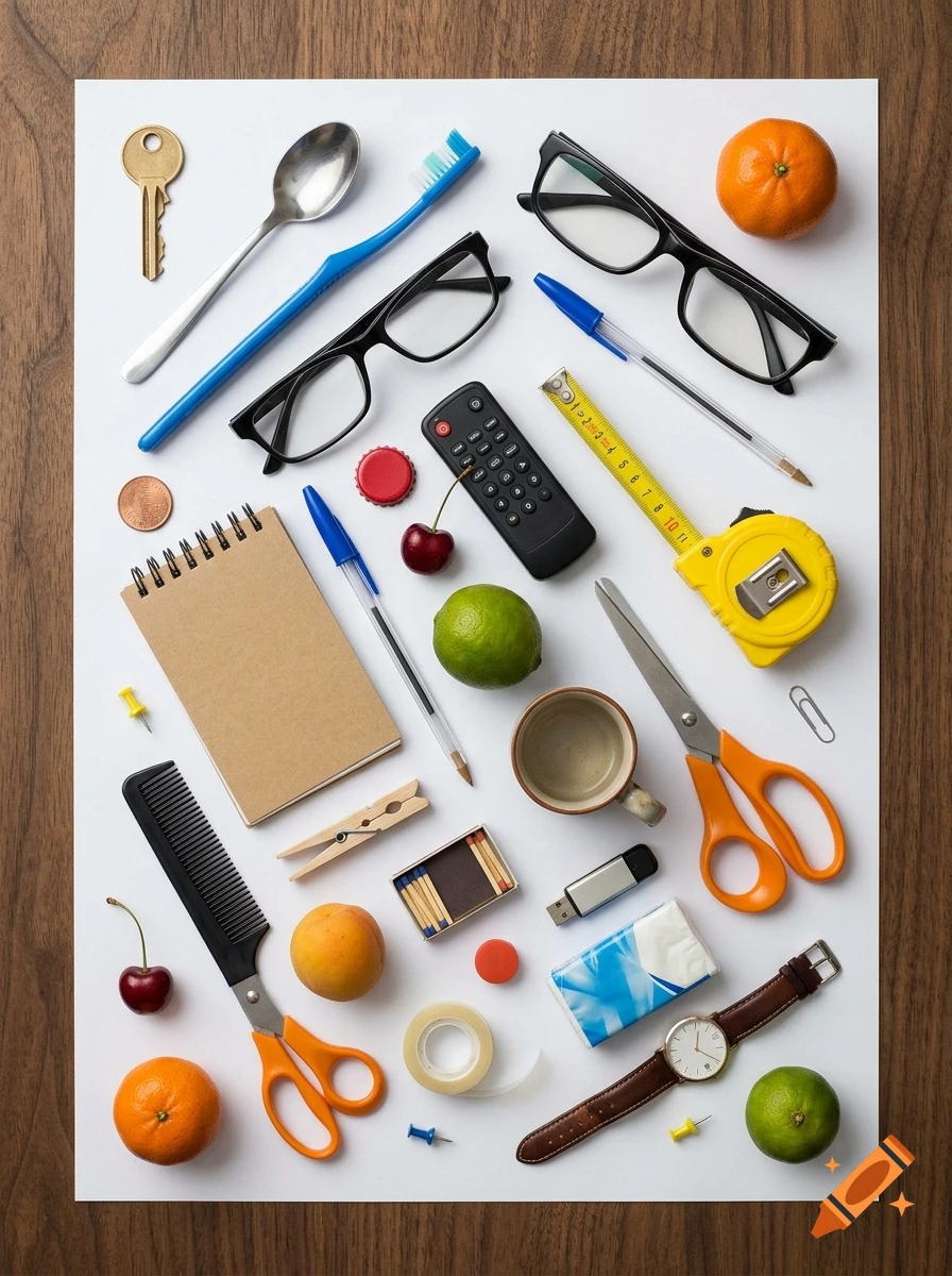 Top-down view of various everyday objects neatly arranged on a white A4 paper surface against a wooden background.