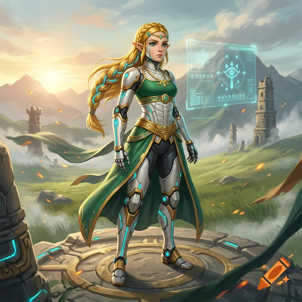 Digital art of Zelda from Breath of the Wild reimagined as a cyborg standing on a pedestal.