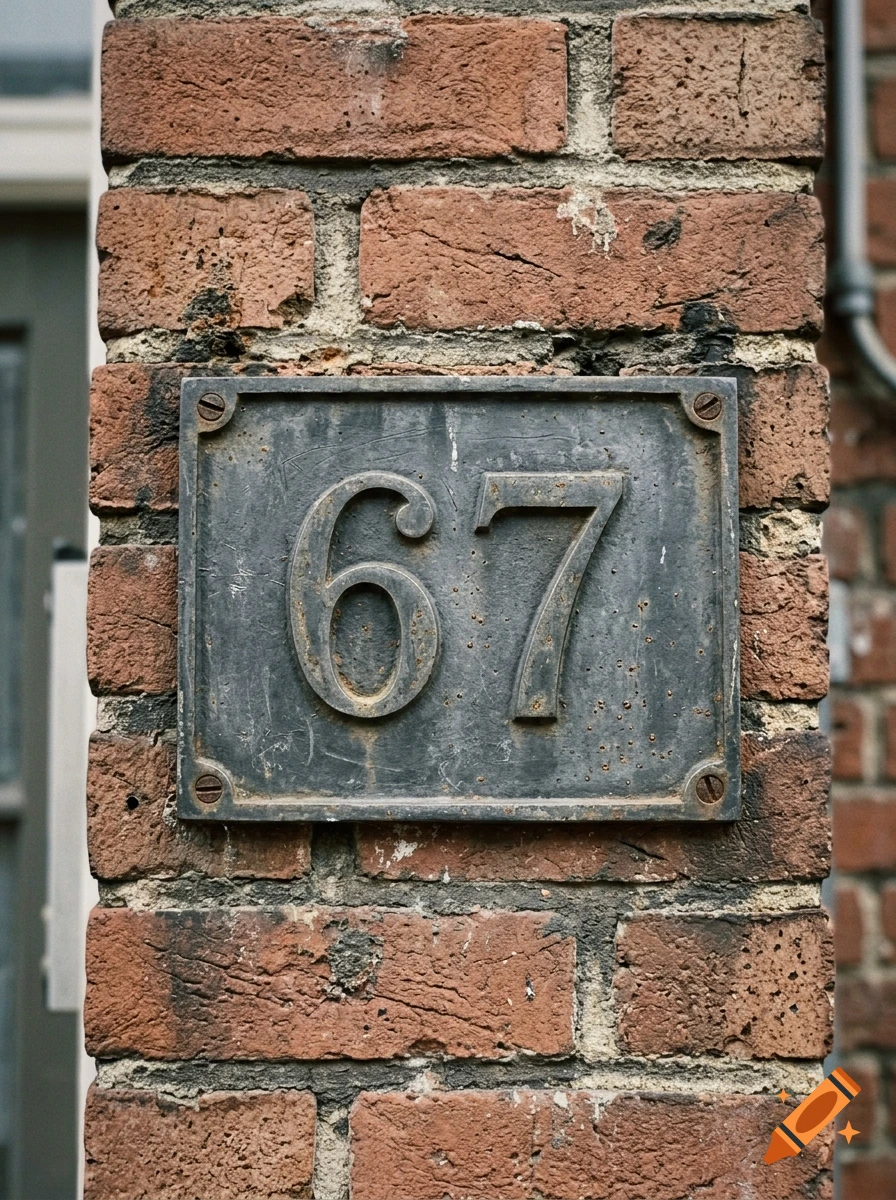 Close-up photorealistic shot of a weathered dark metal plaque with the house number 67 mounted on a red brick pillar.