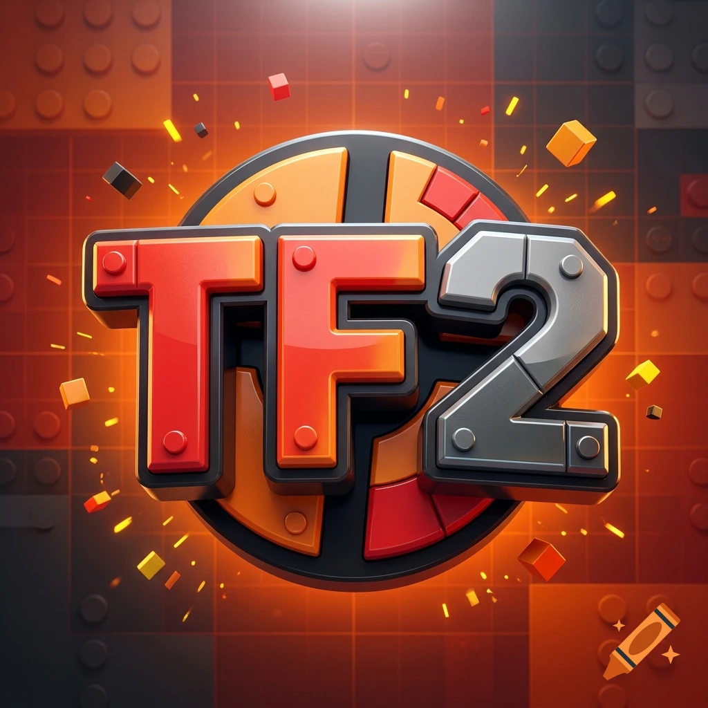 3D TF2 logo in Roblox style against an orange and black blocky background with glowing sparks.
