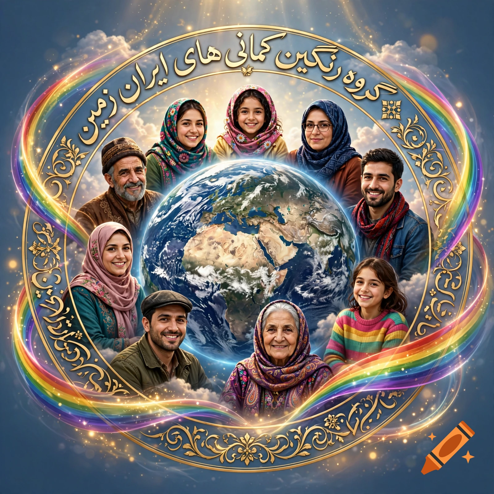 A diverse group of people surrounding a globe of the Earth, framed by an ornate circular border with Persian script and a rainbow effect.