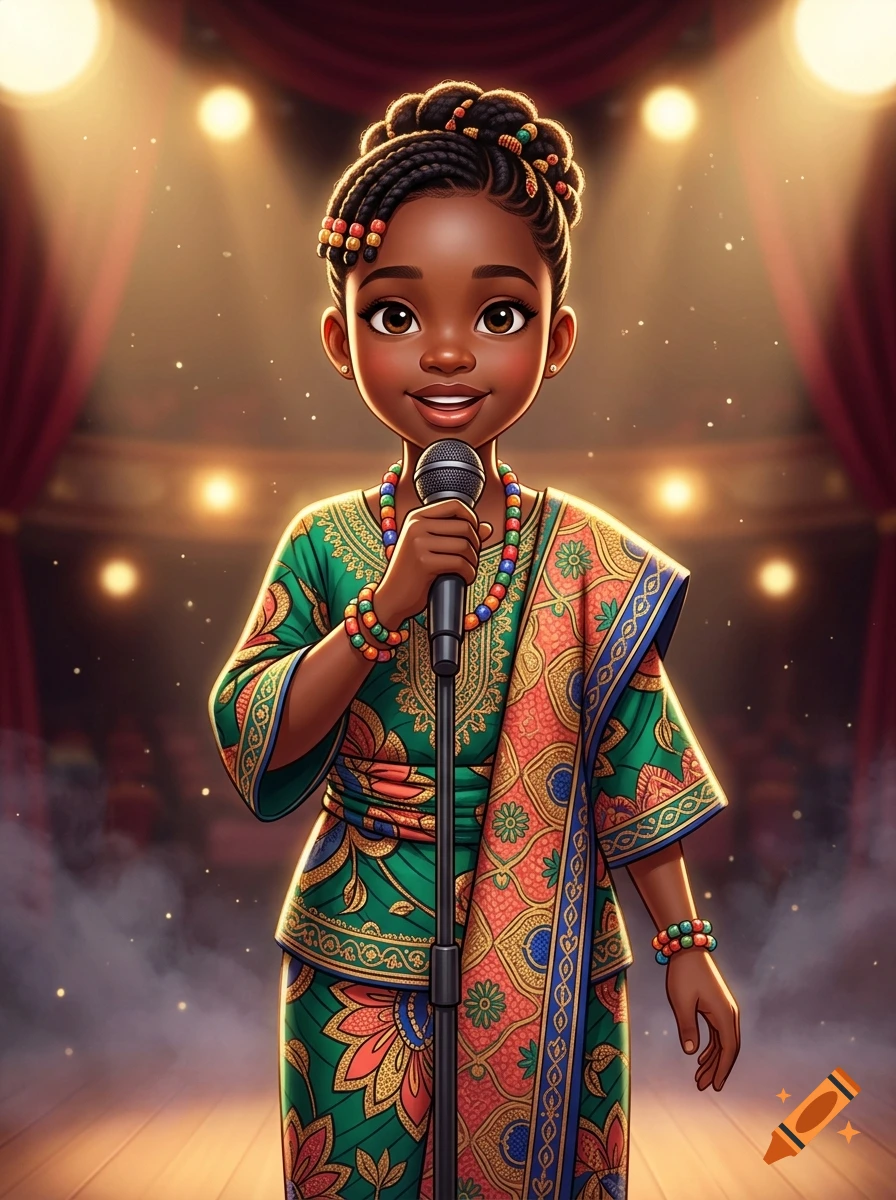 A smiling 10-year-old Nigerian girl with braided hair and traditional patterned clothing holding a microphone on a stage with warm lighting.