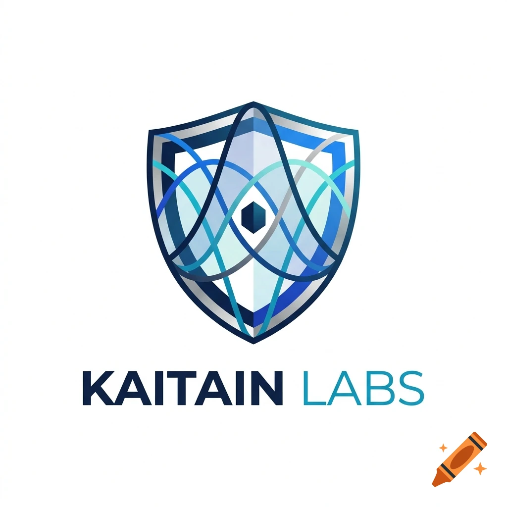 A modern digital logo featuring a blue and white shield with intersecting wave lines and the text KAITAIN LABS underneath.