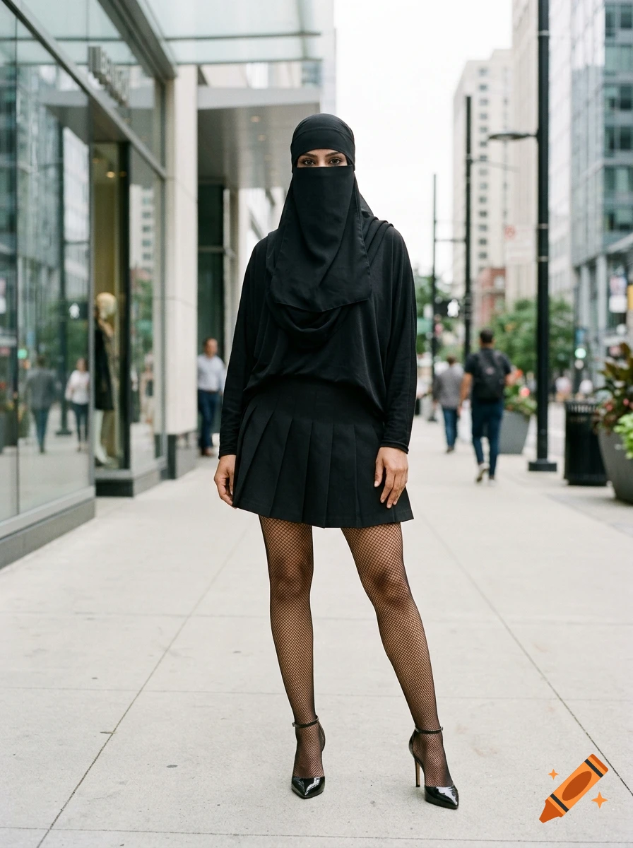 Photorealistic full-body shot of a person wearing a black niqab, black top, pleated mini skirt, fishnet stockings, and heels on a city street.