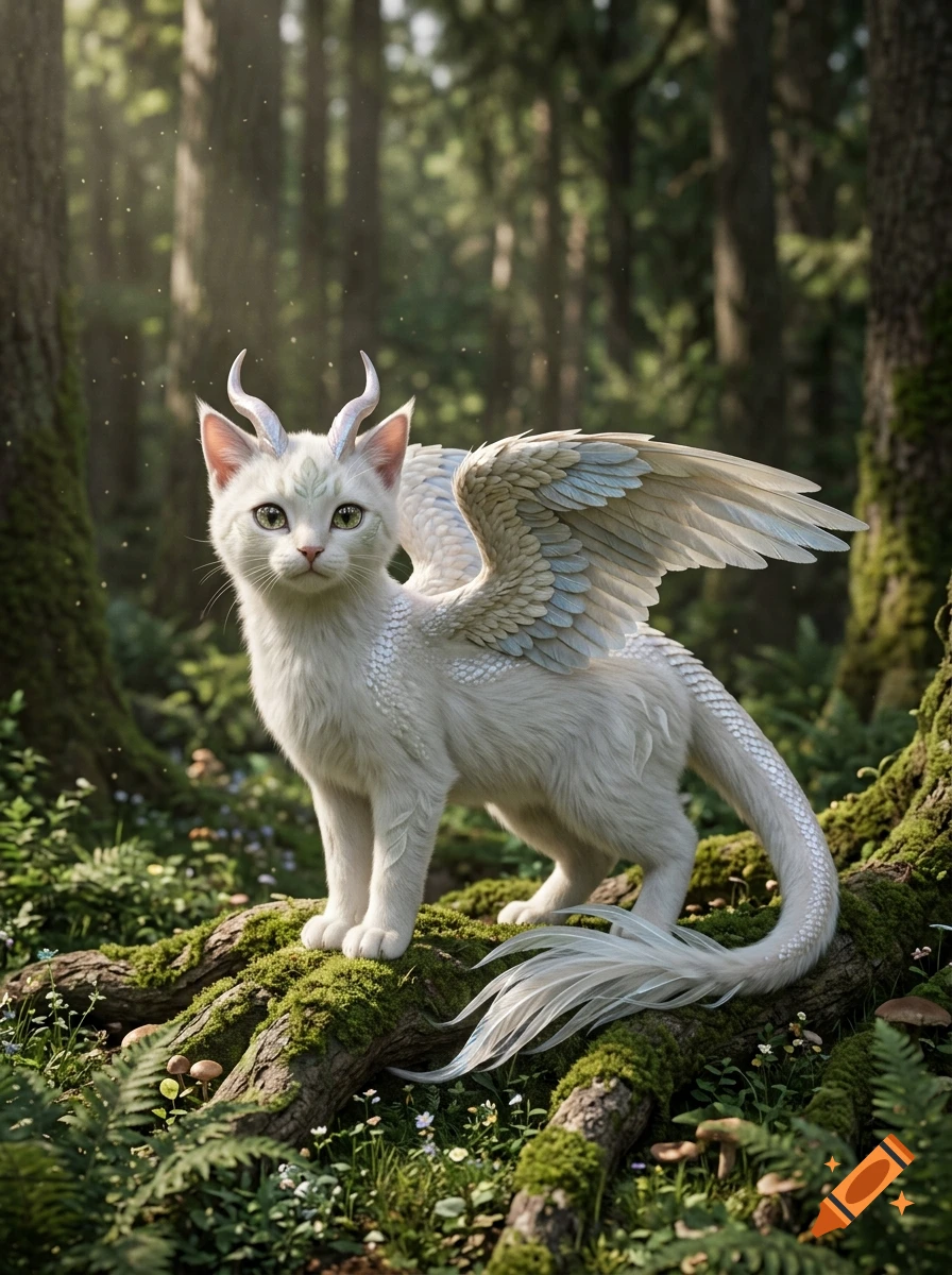 Photorealistic hybrid creature with features of a white cat, dragon horns and wings, and feathered tail, standing on a mossy log in a forest.
