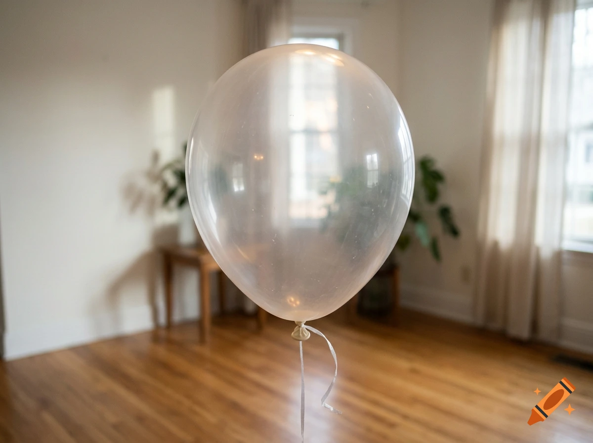 Photorealistic image of a clear, translucent balloon floating in a bright room with a wooden floor and a window in the background.