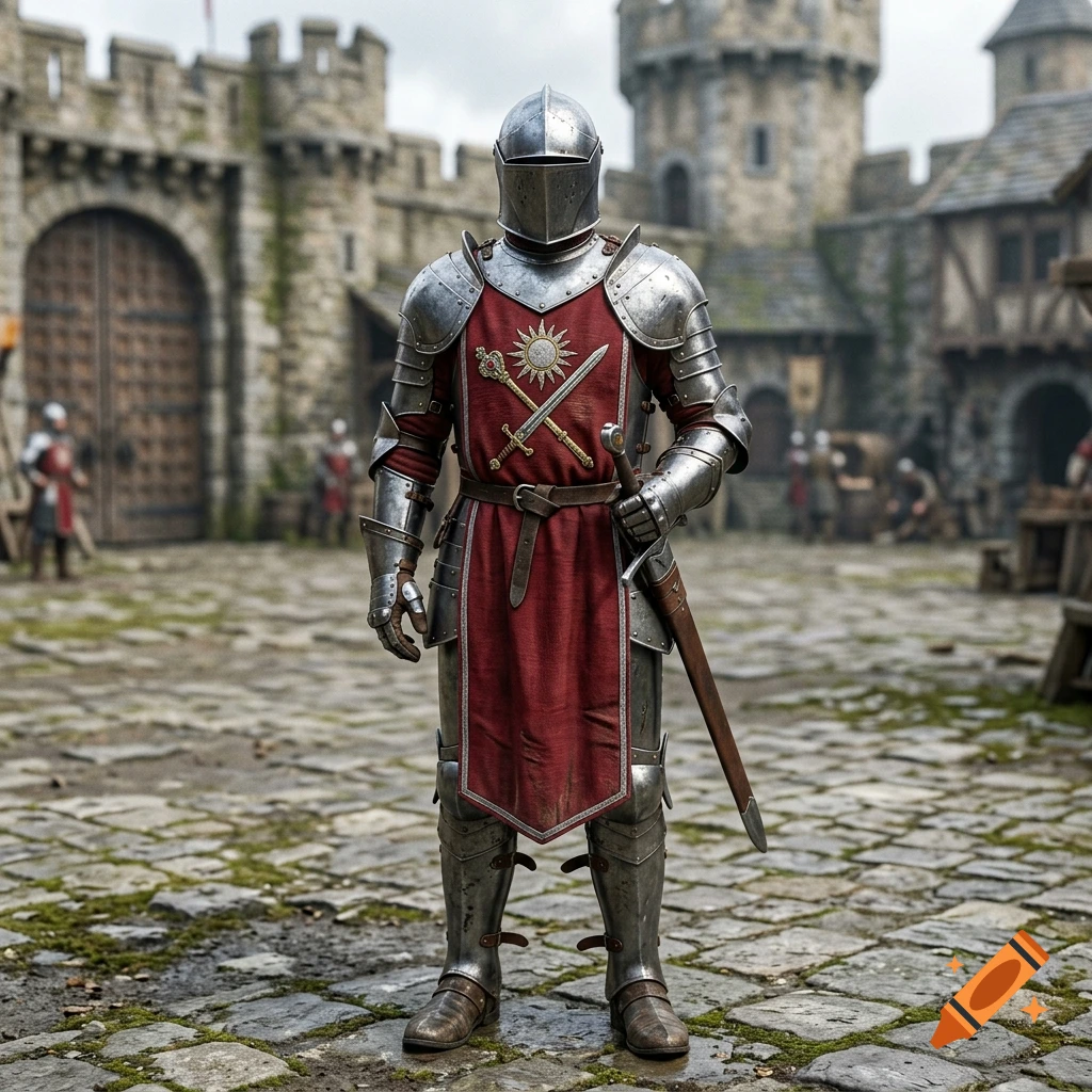 Photorealistic image of a DnD guard in metal armor and a red tabard standing in a medieval castle courtyard.