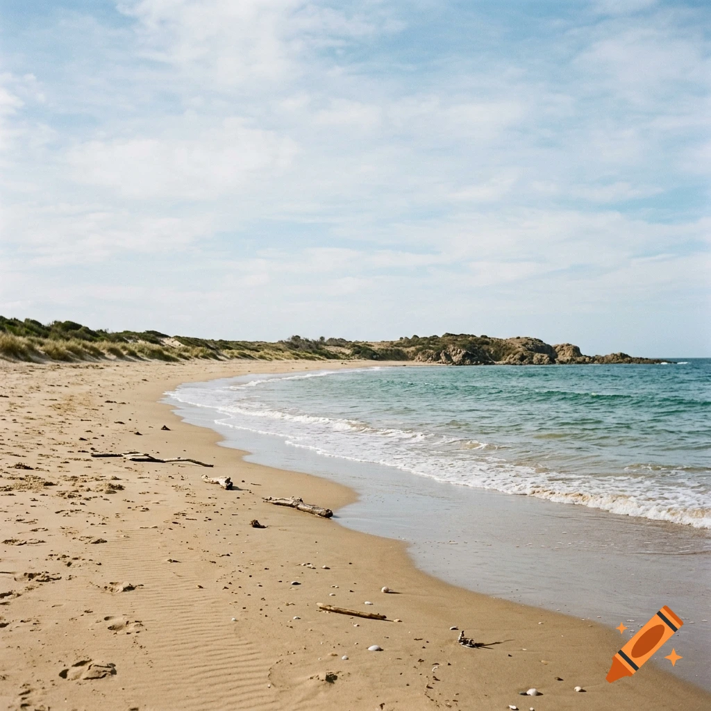 Photorealistic image of a sandy beach with gentle waves rolling in under a partly cloudy blue sky.