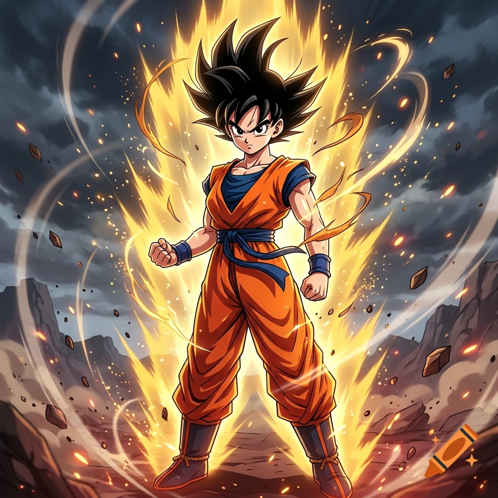 Anime style illustration of a female version of Goku with spiky black hair surrounded by a glowing golden aura and rocks.