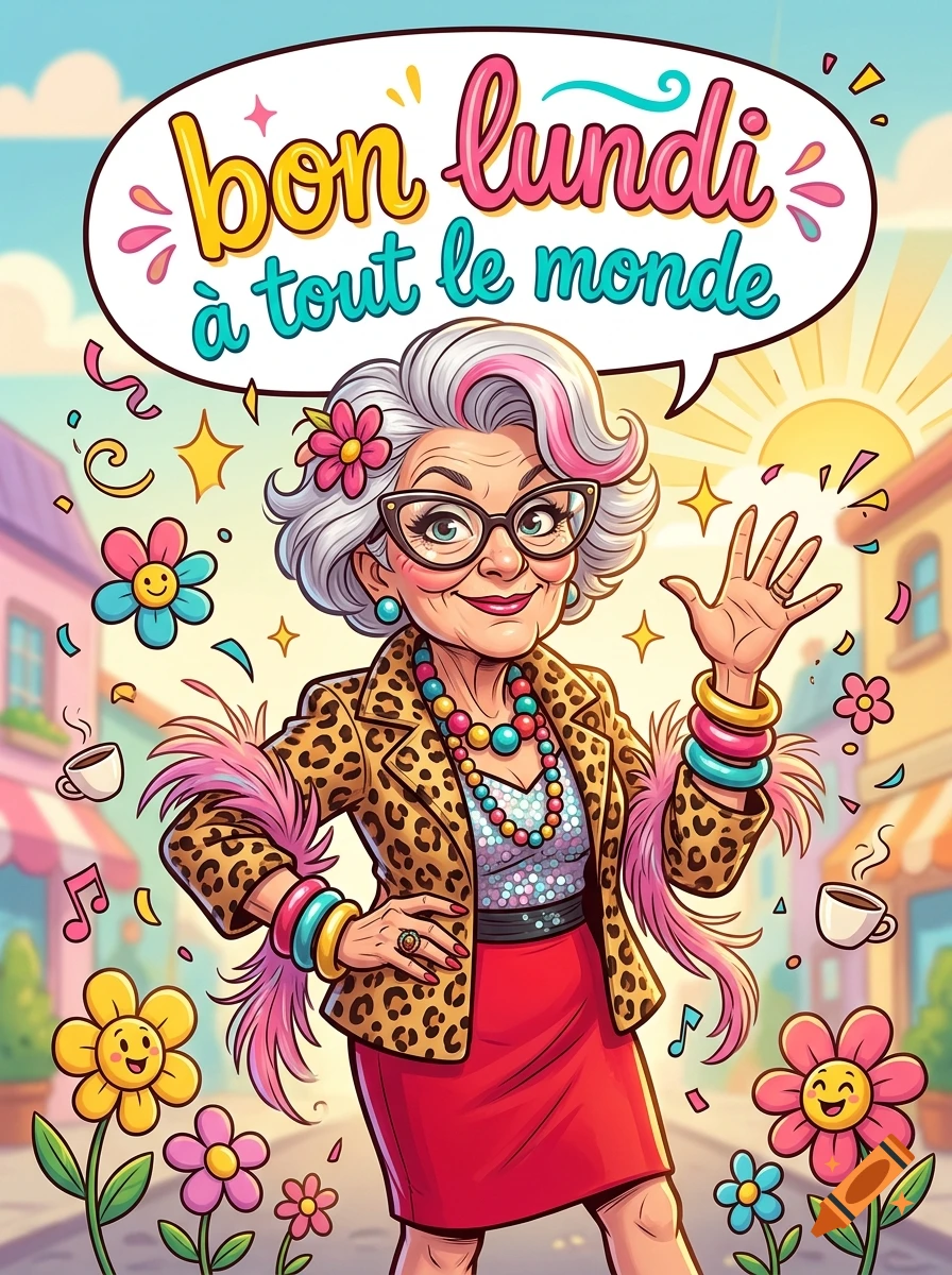 Cartoon illustration of a stylish, elderly woman in a leopard print jacket waving, with text 'bon lundi à tout le monde'.