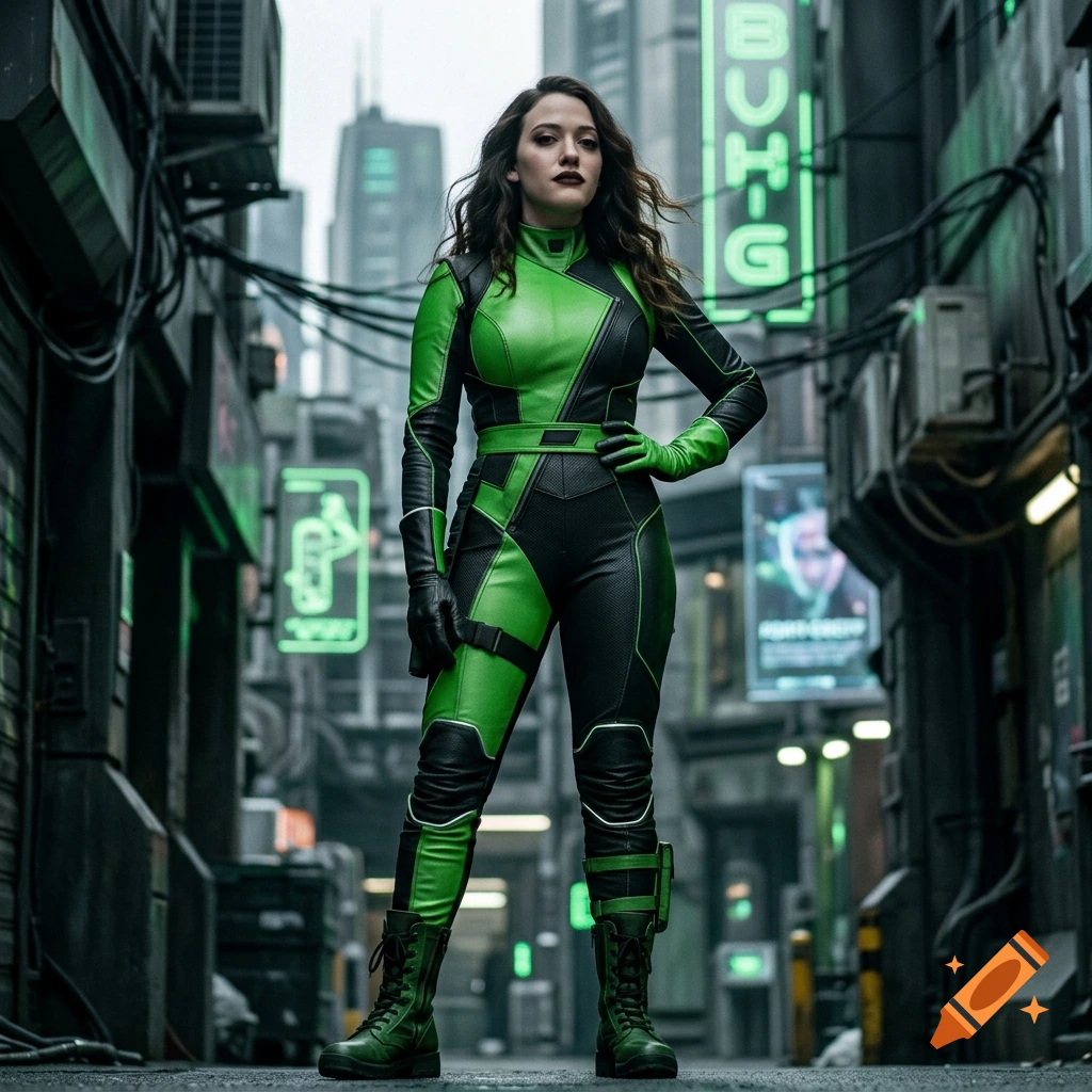 Full-length photorealistic shot of a woman resembling Kat Dennings dressed in a green and black futuristic jumpsuit standing in a narrow alleyway.