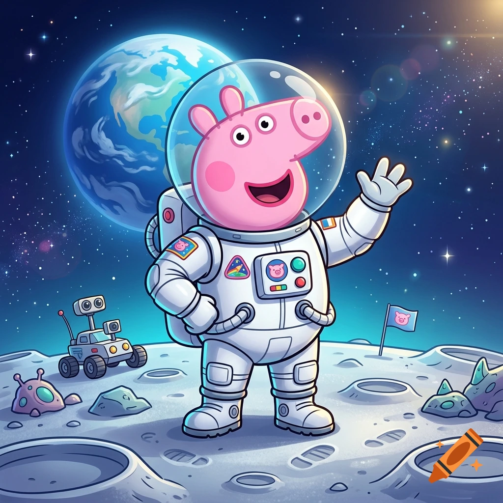 Digital illustration of Peppa Pig in a spacesuit standing on the moon, with Earth in the background.