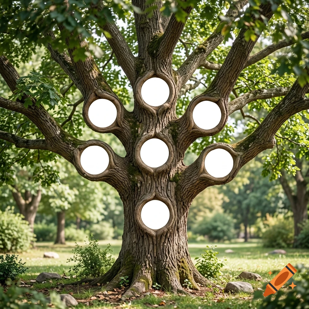 A large tree with intertwined branches forming six round, blank white frames resembling a family tree structure, set in a sunny park with green grass and foliage.