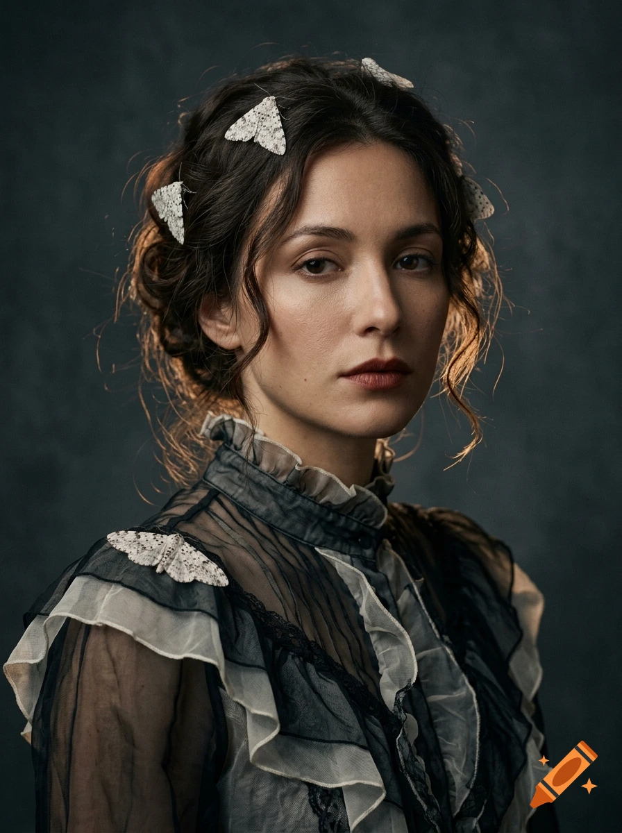 Fine-art portrait of a Victorian woman with wavy hair adorned with moths, wearing a ruffled organza blouse.