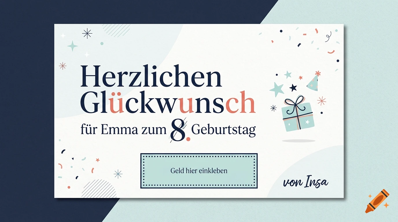 Birthday voucher for Emma's 8th birthday with a gift box and German text.