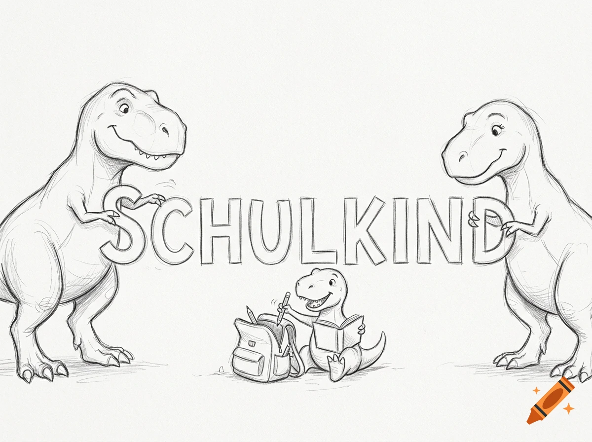 Pencil sketch of two adult T-rex dinosaurs holding the letters S and D, with a baby T-rex sitting in the middle near a school backpack, spelling SCHULKIND.