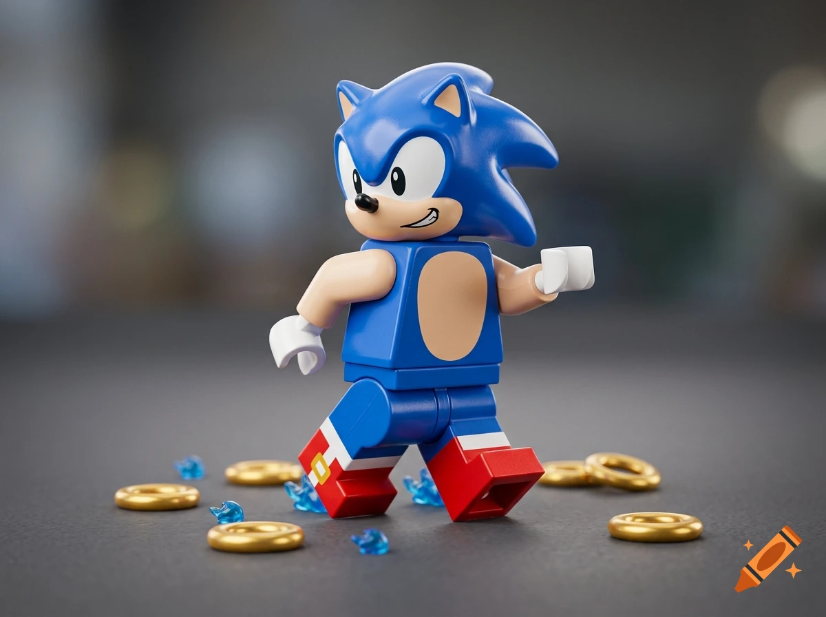 A custom LEGO minifigure of Sonic the Hedgehog walking on a grey surface with gold rings and blue energy effects.
