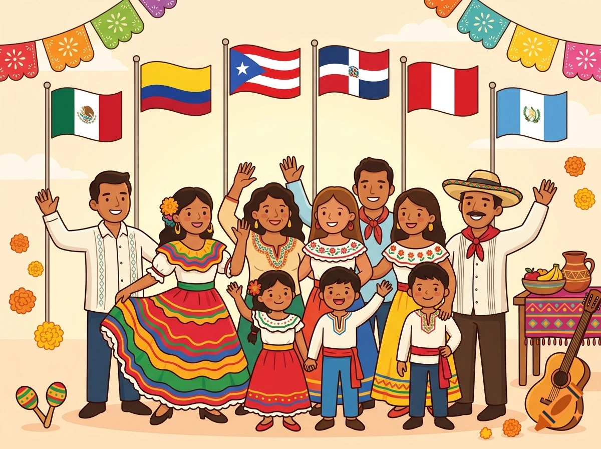 Colorful cartoon illustration of a diverse group of people in traditional Latin American clothing celebrating with flags.