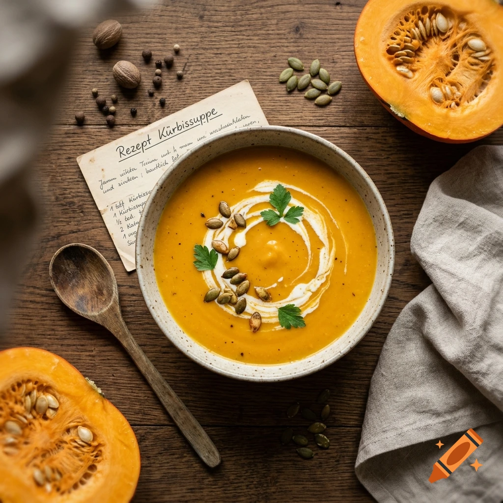 A bowl of pumpkin soup garnished with cream, pumpkin seeds, and parsley, placed on a rustic wooden table alongside a halved pumpkin, wooden spoon, recipe card, and spices.