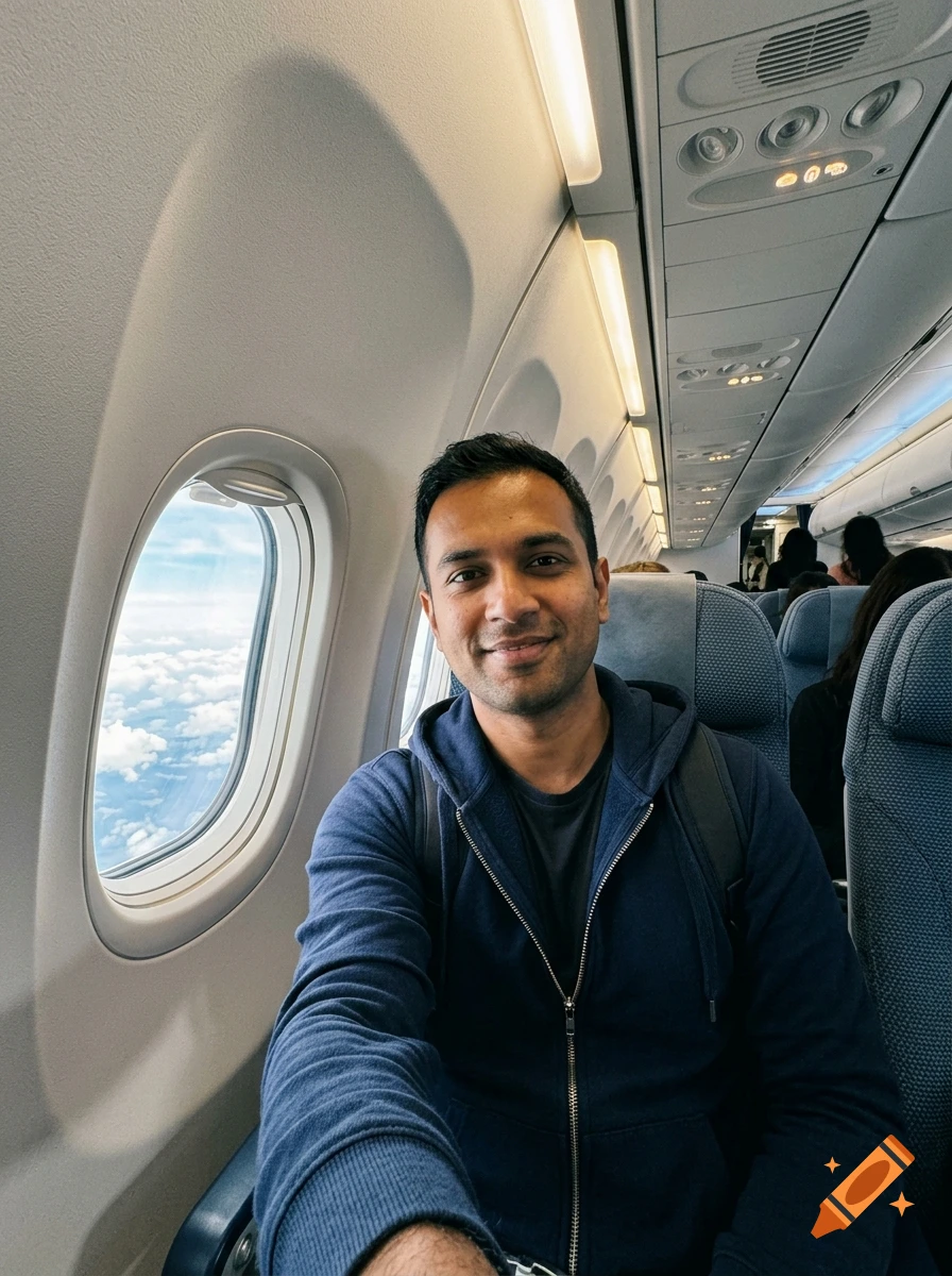 A smiling man taking a selfie inside an airplane cabin next to a window showing clouds.