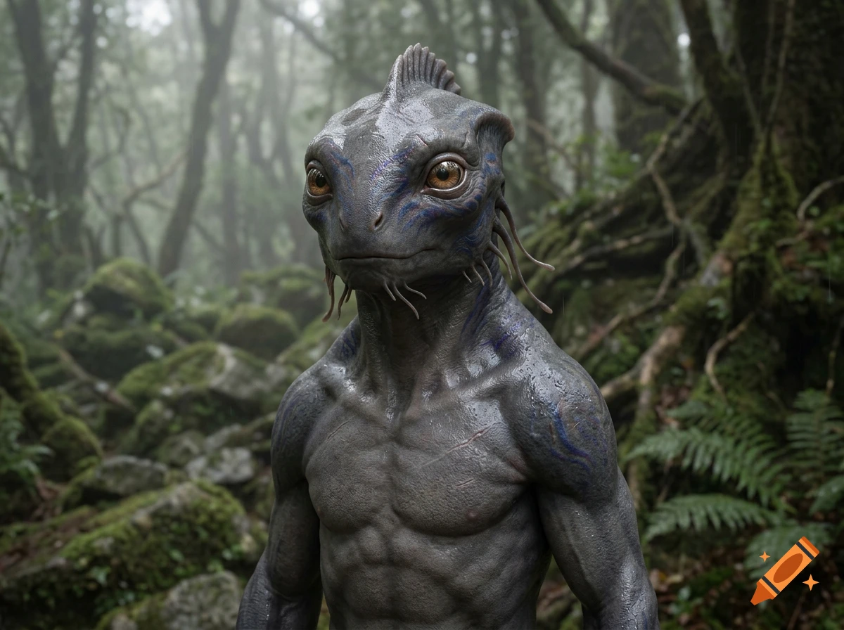 Photorealistic medium shot of a humanoid alien with grey skin and fins standing in a lush, misty forest.